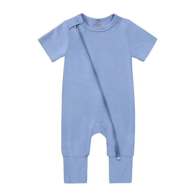 Infant Wholesale Cotton Double Zipper Clothes Jumpsuits Solid Bamboo Knit Short Baby Romper