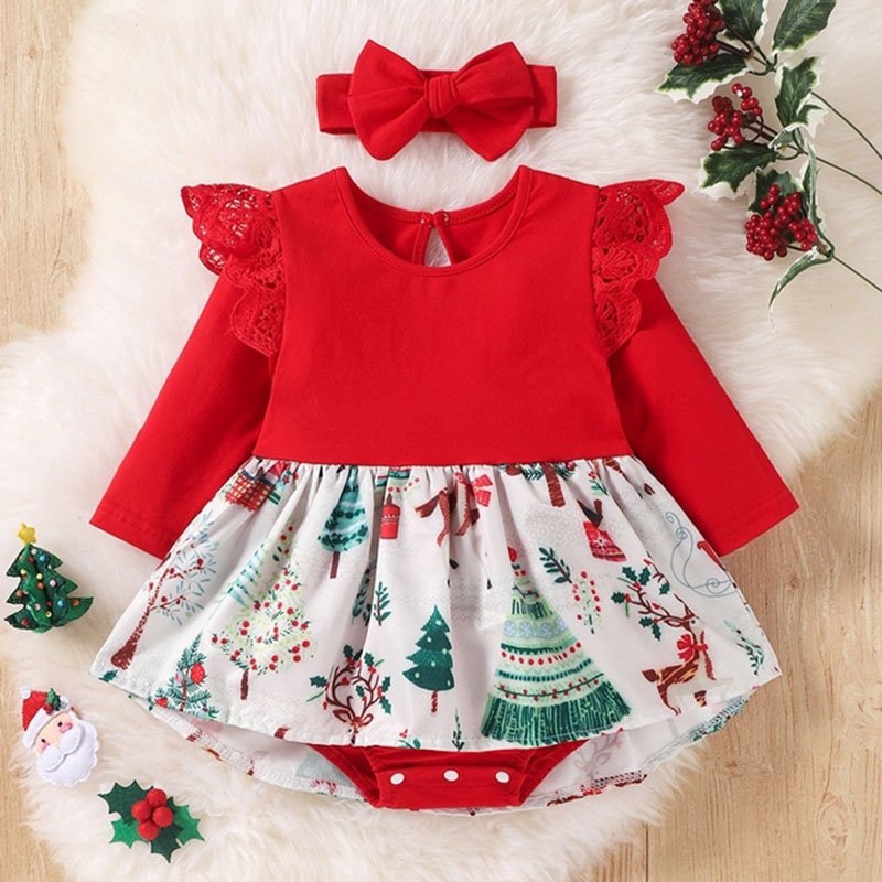 2023 Year Holiday Baby Clothes Red Green Printed Christmas Romper Dress Toddlers Elegant Outfits Infant Girls Snowflake Woven