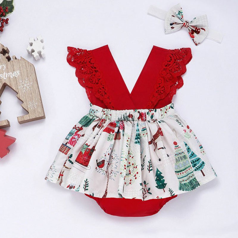 2023 Year Holiday Baby Clothes Red Green Printed Christmas Romper Dress Toddlers Elegant Outfits Infant Girls Snowflake Woven