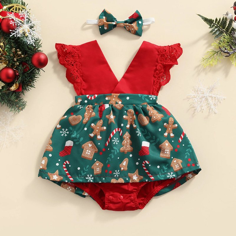 2023 Year Holiday Baby Clothes Red Green Printed Christmas Romper Dress Toddlers Elegant Outfits Infant Girls Snowflake Woven