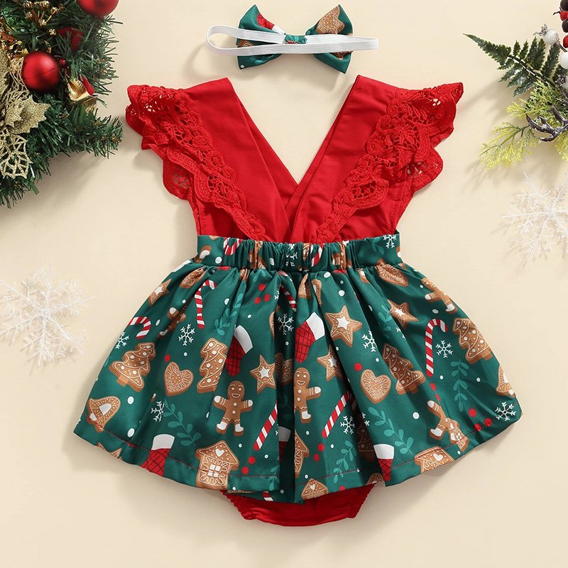 2023 Year Holiday Baby Clothes Red Green Printed Christmas Romper Dress Toddlers Elegant Outfits Infant Girls Snowflake Woven