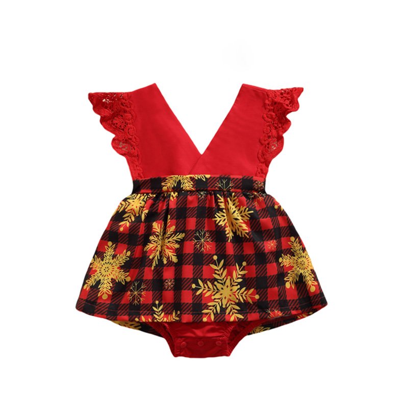 2023 Year Holiday Baby Clothes Red Green Printed Christmas Romper Dress Toddlers Elegant Outfits Infant Girls Snowflake Woven