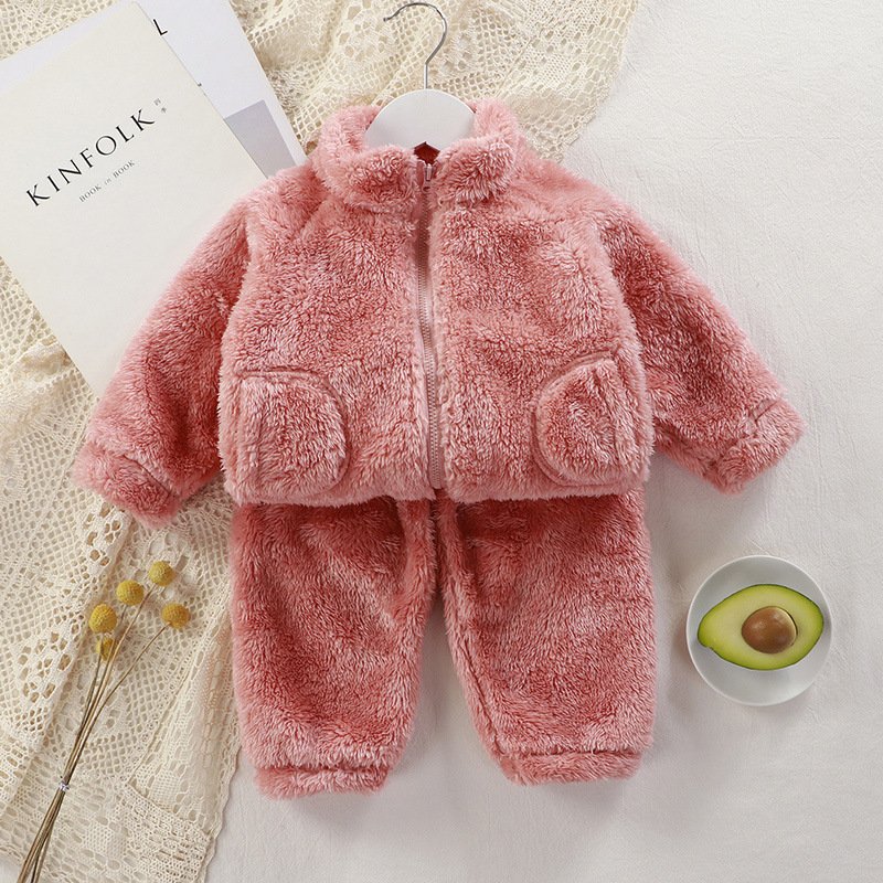 Children's Solid Color Zipper Suit Autumn and Winter Boys' Plush Warm Coat + Pants Pajamas Fashion 2-Piece Baby Clothing Sets