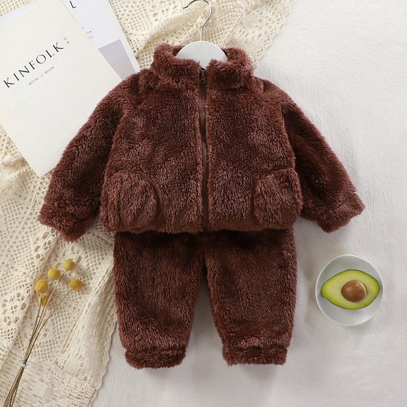 Children's Solid Color Zipper Suit Autumn and Winter Boys' Plush Warm Coat + Pants Pajamas Fashion 2-Piece Baby Clothing Sets