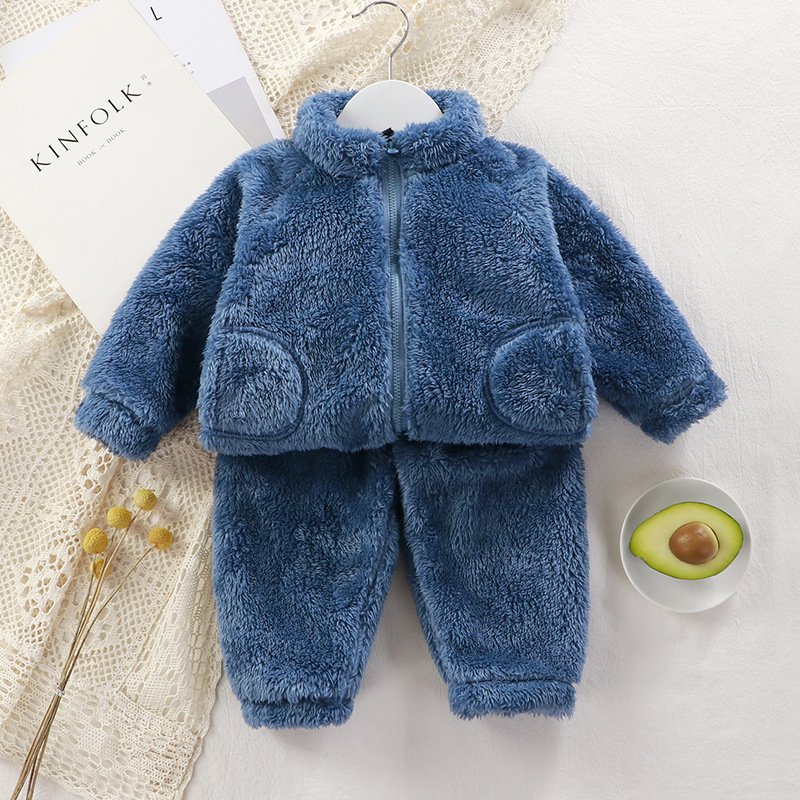 Children's Solid Color Zipper Suit Autumn and Winter Boys' Plush Warm Coat + Pants Pajamas Fashion 2-Piece Baby Clothing Sets