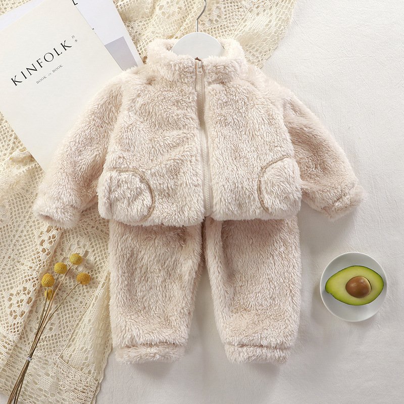Children's Solid Color Zipper Suit Autumn and Winter Boys' Plush Warm Coat + Pants Pajamas Fashion 2-Piece Baby Clothing Sets