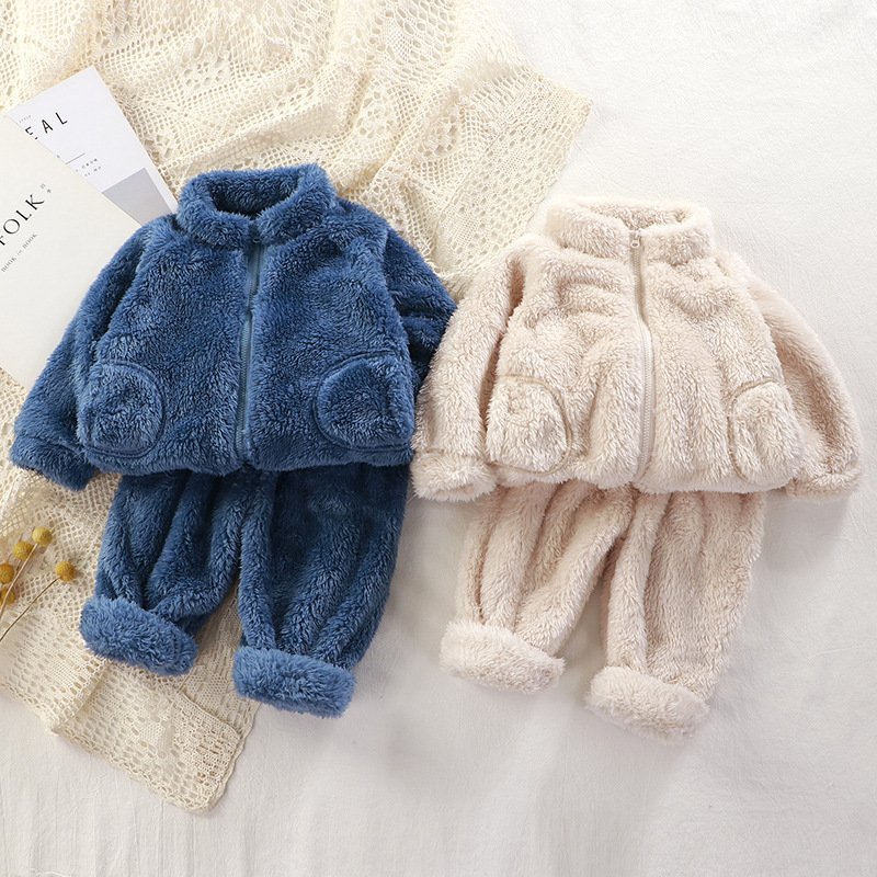 Children's Solid Color Zipper Suit Autumn and Winter Boys' Plush Warm Coat + Pants Pajamas Fashion 2-Piece Baby Clothing Sets