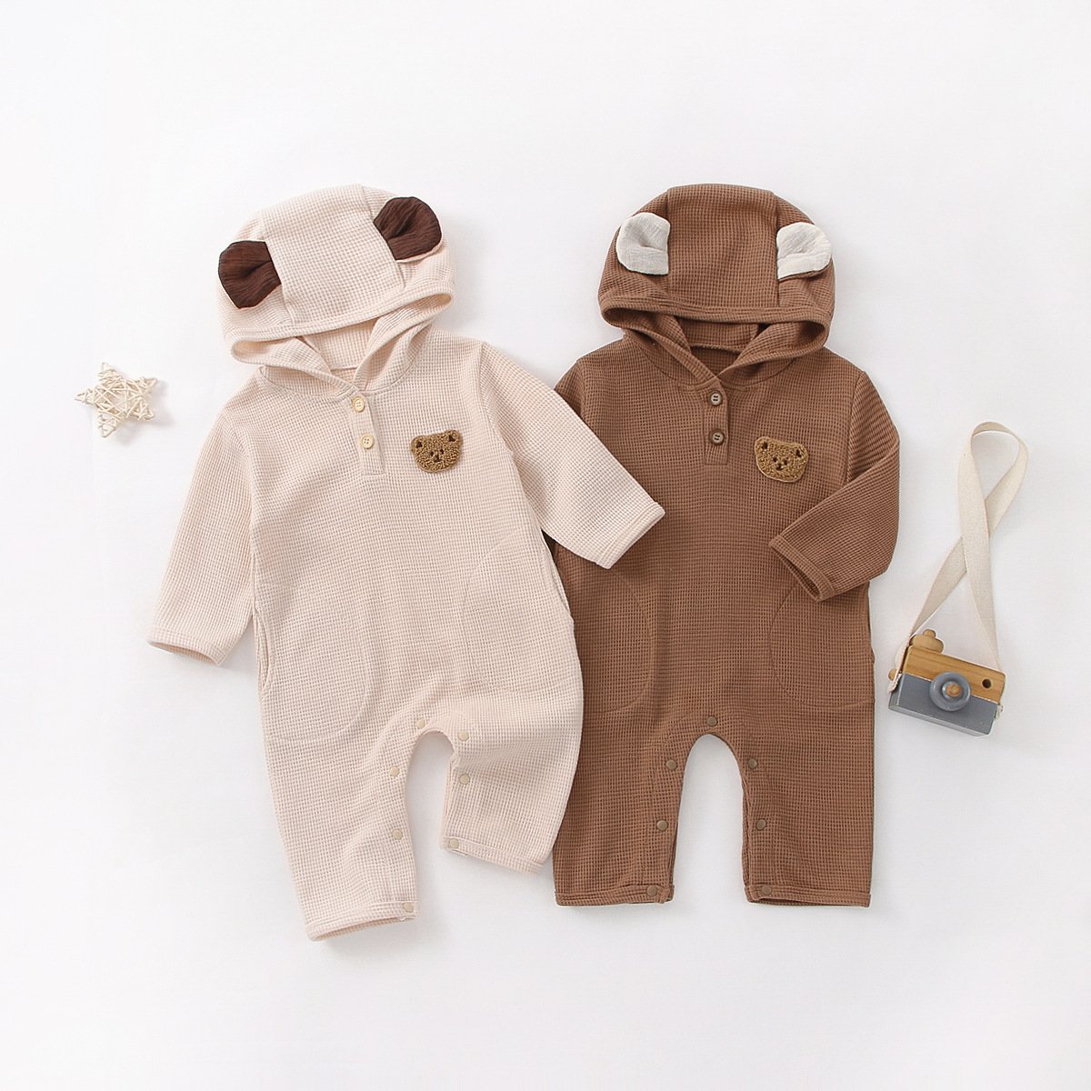 Infant Baby Boys Cartoon Long Sleeve Hooded Jumpsuit Spring Baby Girls Cute Bear Romper Loose Overalls
