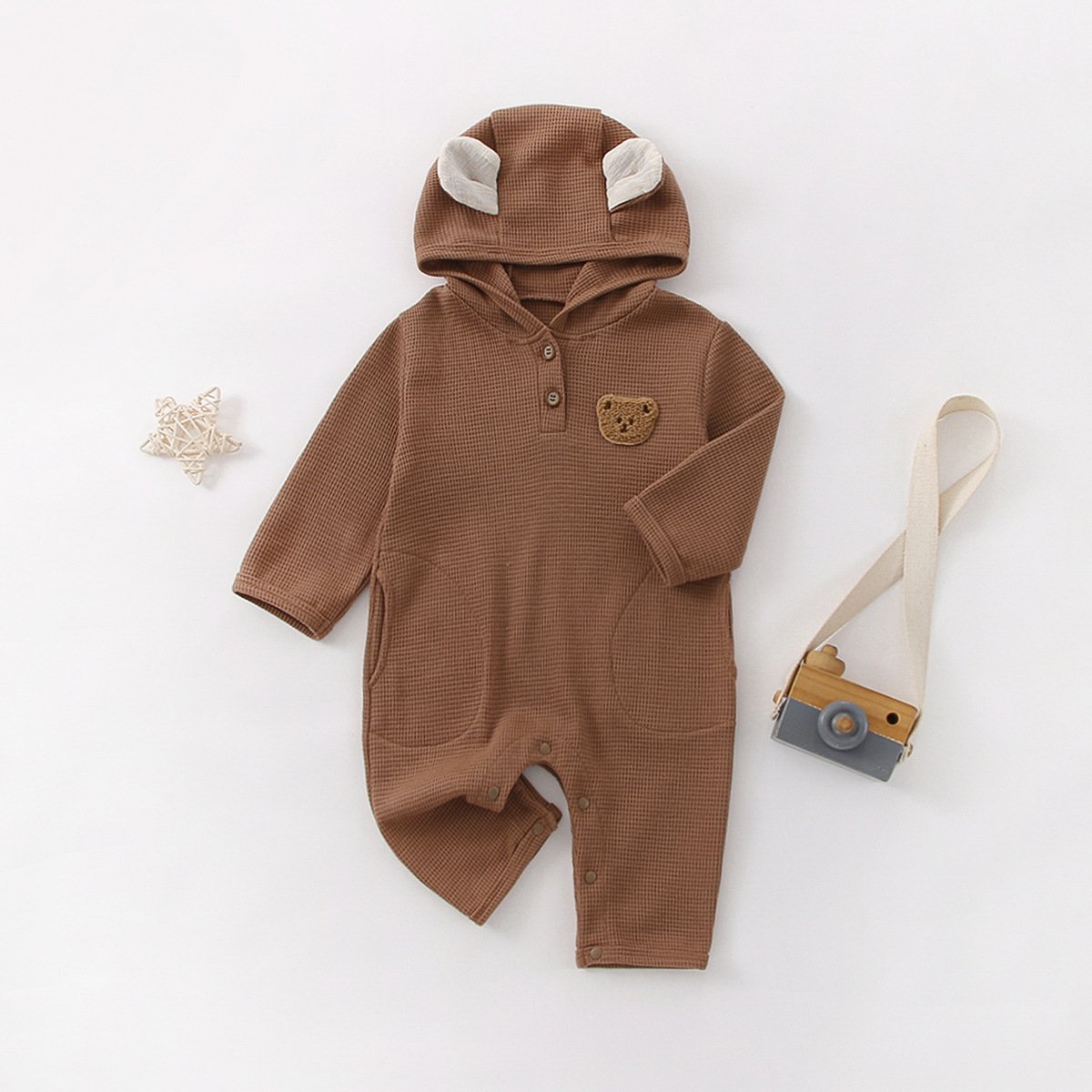 Infant Baby Boys Cartoon Long Sleeve Hooded Jumpsuit Spring Baby Girls Cute Bear Romper Loose Overalls
