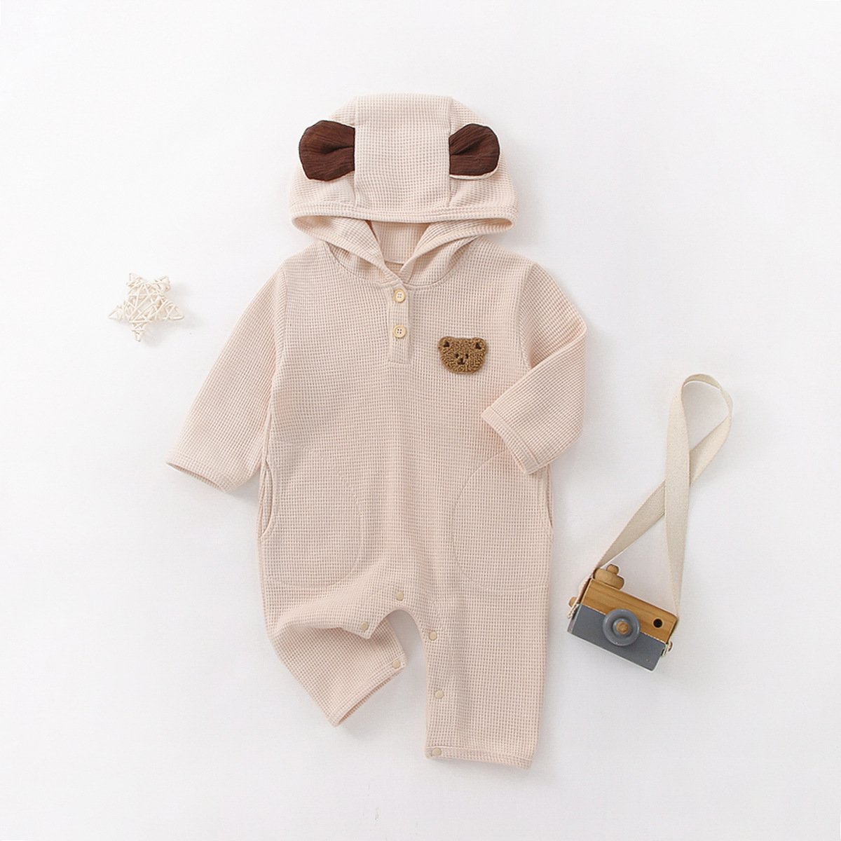 Infant Baby Boys Cartoon Long Sleeve Hooded Jumpsuit Spring Baby Girls Cute Bear Romper Loose Overalls