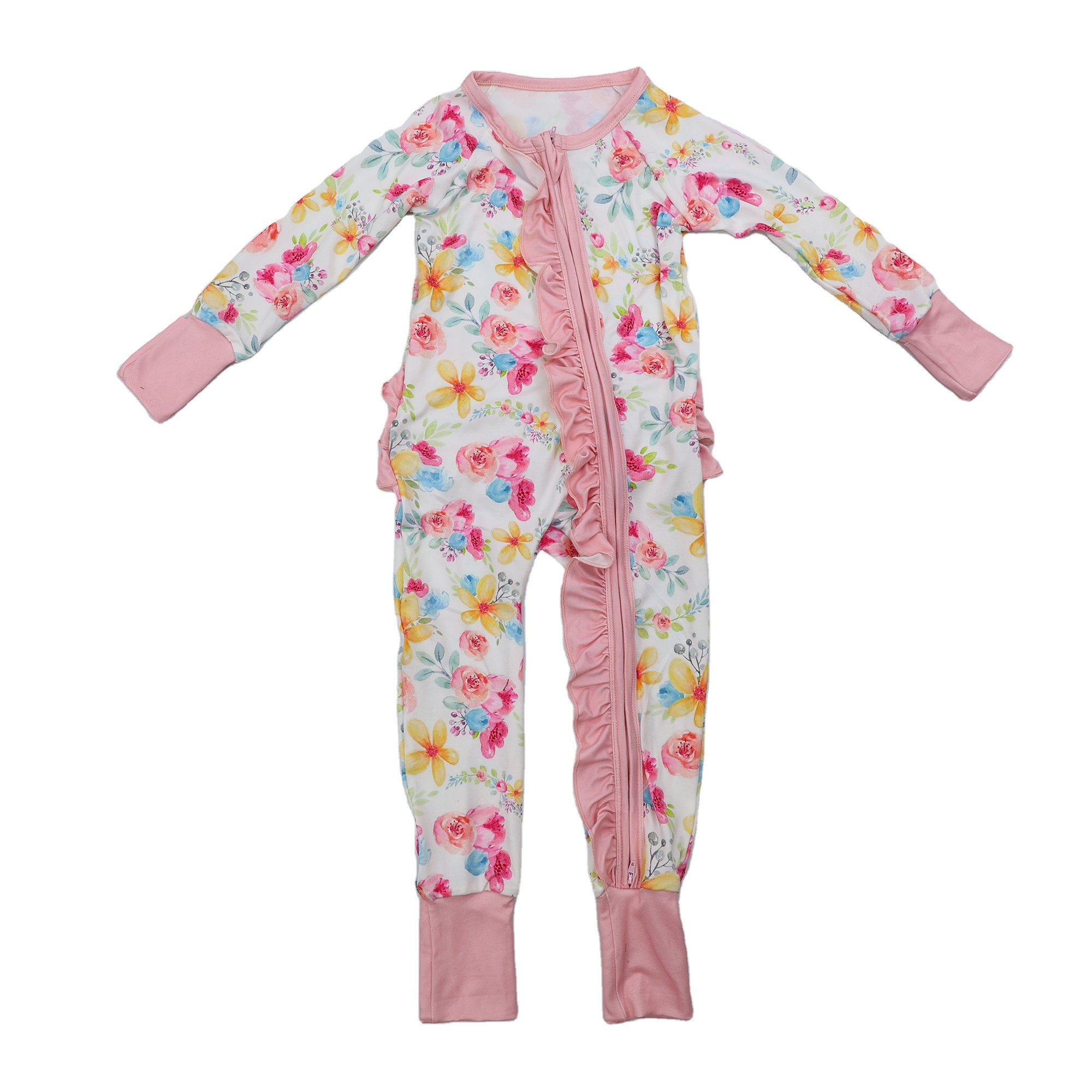 Qingli OEM Pink Flower Bamboo-Baby-Pajamas Modal Baby Pajamas Zippy No Moq Custom Baby Onesie Rompers