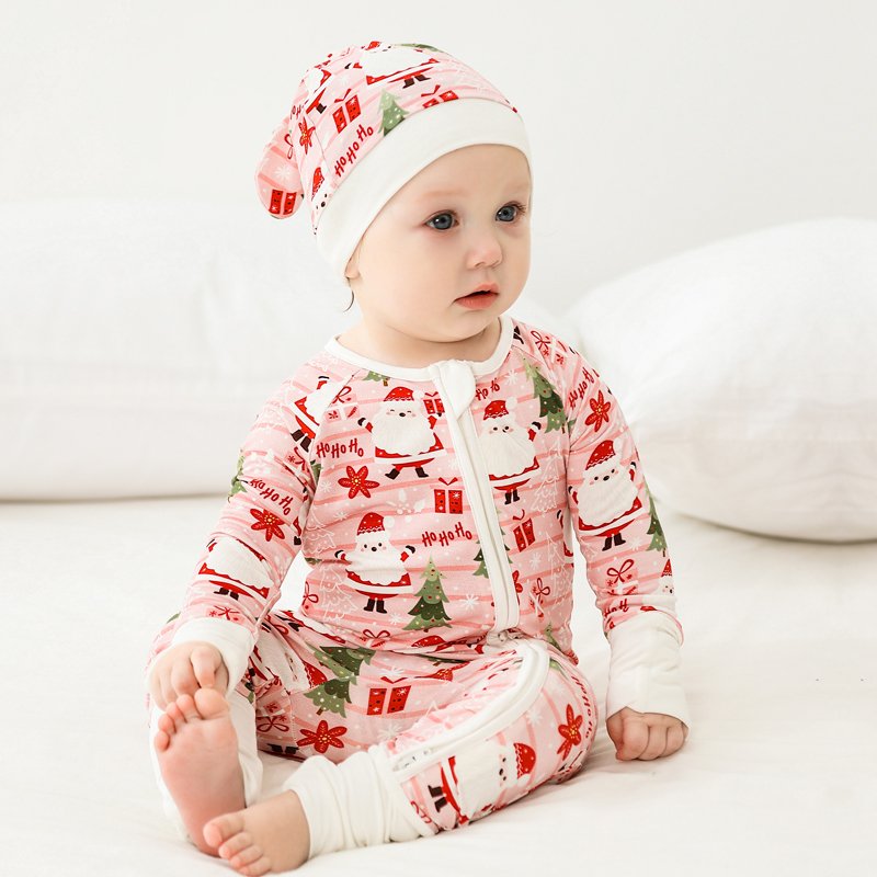 Wholesale bamboo baby christmas romper zipper baby sleep suit customize two zipper romper Print baby clothes manufacturer 7028