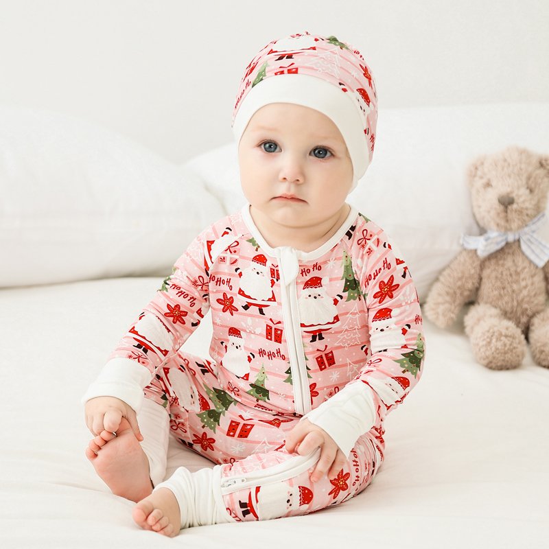 Wholesale bamboo baby christmas romper zipper baby sleep suit customize two zipper romper Print baby clothes manufacturer 7028
