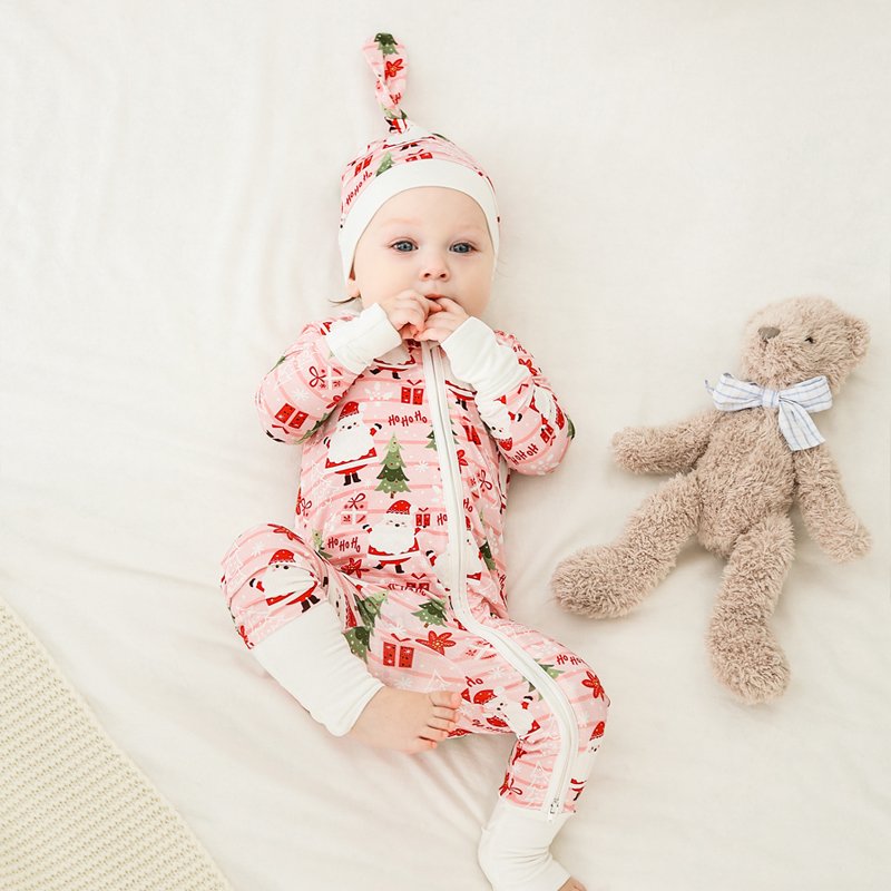 Wholesale bamboo baby christmas romper zipper baby sleep suit customize two zipper romper Print baby clothes manufacturer 7028