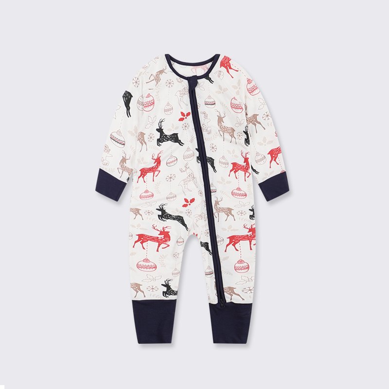 Wholesale bamboo baby christmas romper zipper baby sleep suit customize two zipper romper Print baby clothes manufacturer 7028