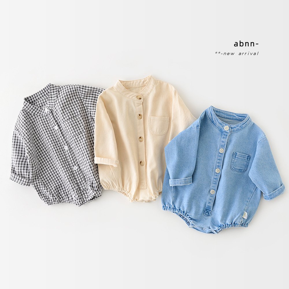 Spring neutral style boys girls baby striped denim lapel long sleeve newborn triangle crawling baby rompers