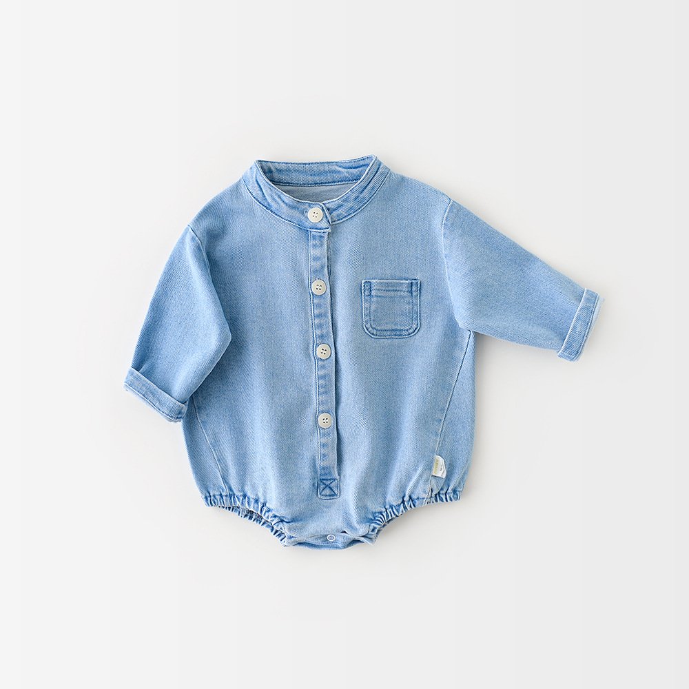Spring neutral style boys girls baby striped denim lapel long sleeve newborn triangle crawling baby rompers