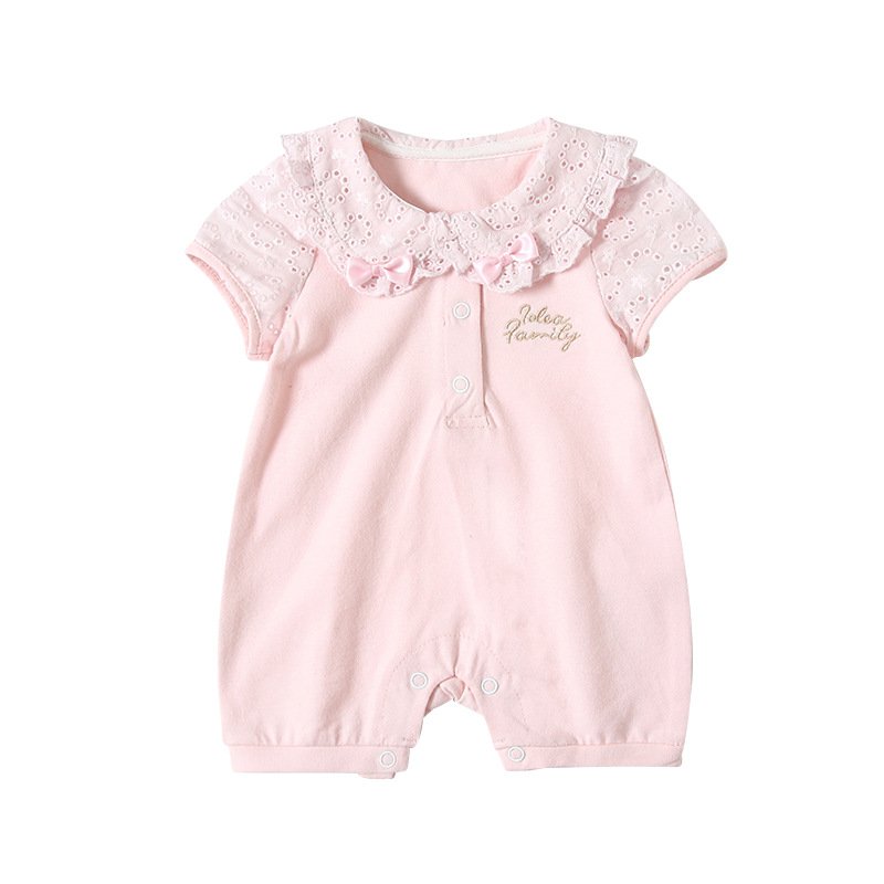 New Short-Sleeved Baby Girl Romper With Lace Collar Edge Baby Romper With Alphabet Embroidery Baby Romper For Summer 2024