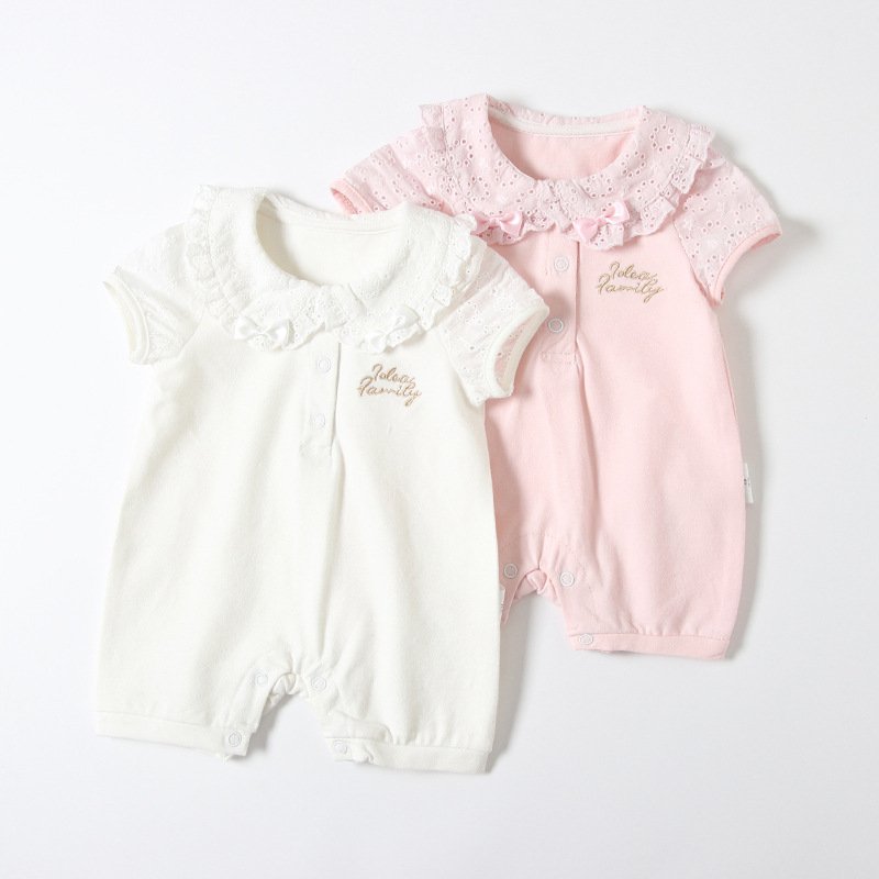 New Short-Sleeved Baby Girl Romper With Lace Collar Edge Baby Romper With Alphabet Embroidery Baby Romper For Summer 2024