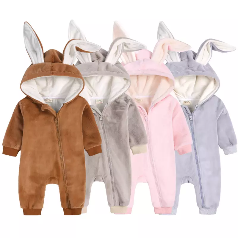 Custom Wholesale Chuchupuff Bunny Ears Baby Jumpsuit Autumn Winter Kids Romper Fleece Outfit Hooded Toddler Overalls Full