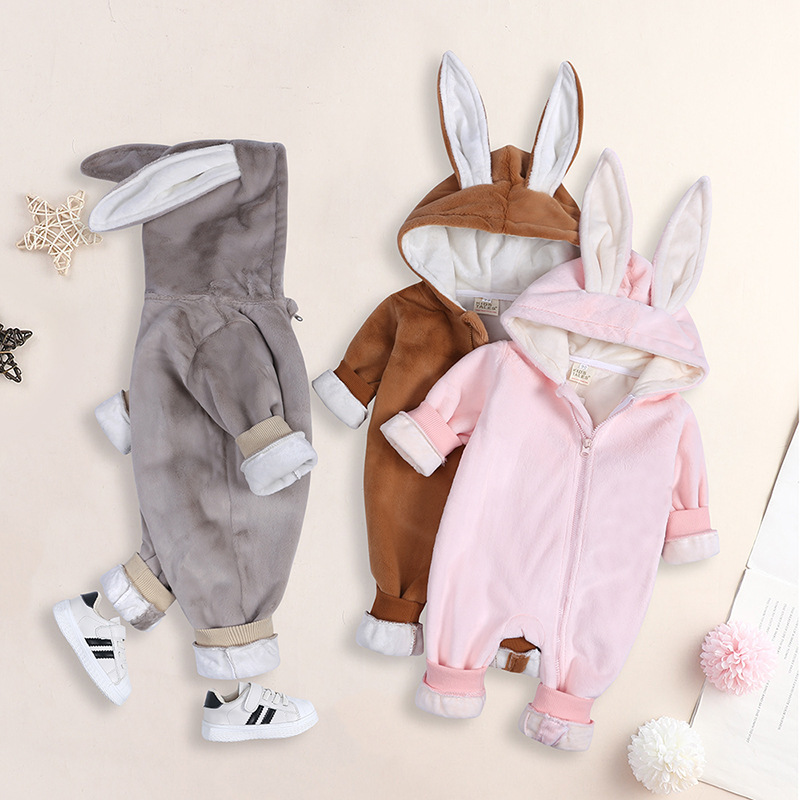 Custom Wholesale Chuchupuff Bunny Ears Baby Jumpsuit Autumn Winter Kids Romper Fleece Outfit Hooded Toddler Overalls Full