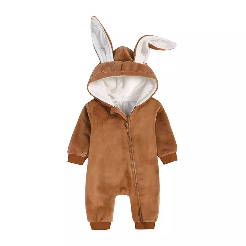 Custom Wholesale Chuchupuff Bunny Ears Baby Jumpsuit Autumn Winter Kids Romper Fleece Outfit Hooded Toddler Overalls Full