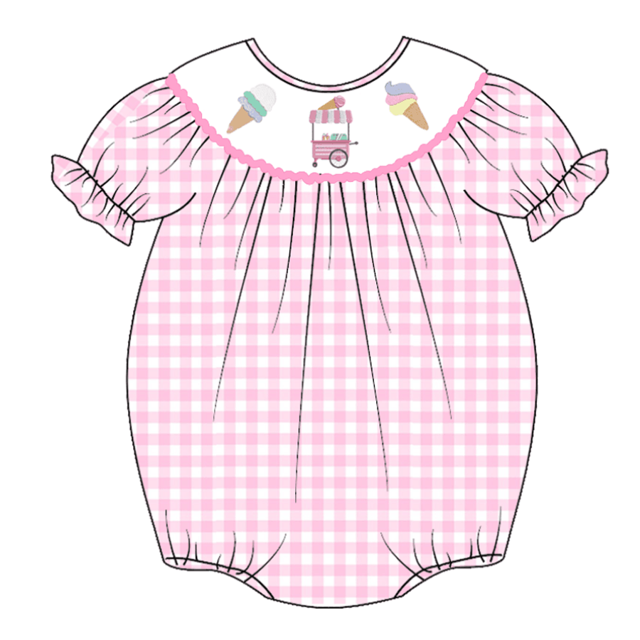 Infant Baby Girls Pink White Plaid Smocked Cartoon Embroidery Bubbles Romper Customized Kids Clothes Kids Smocked Clothing