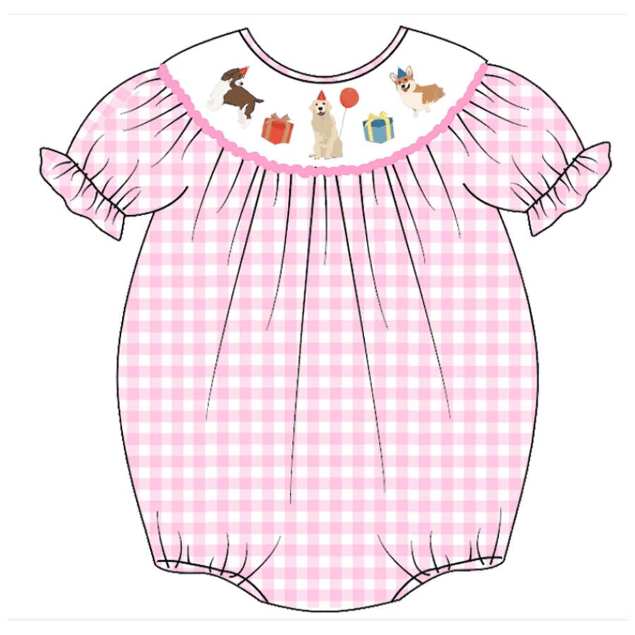 Infant Baby Girls Pink White Plaid Smocked Cartoon Embroidery Bubbles Romper Customized Kids Clothes Kids Smocked Clothing