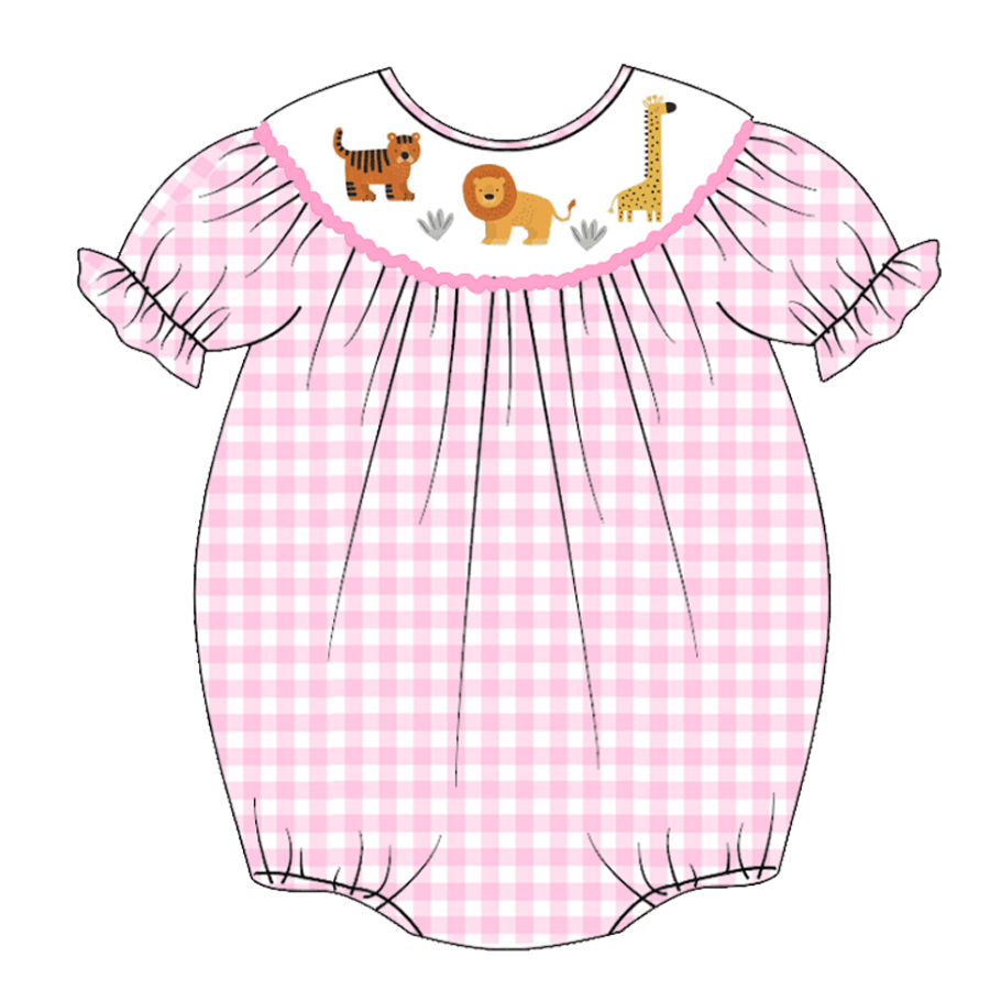 Infant Baby Girls Pink White Plaid Smocked Cartoon Embroidery Bubbles Romper Customized Kids Clothes Kids Smocked Clothing
