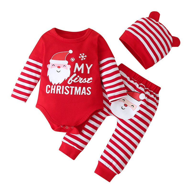 Baby Christmas Outfit Cotton Bodysuit Pants And Hat Red And White Striped Winter Outfit Set Warm And Cozy Toddler Pajamas