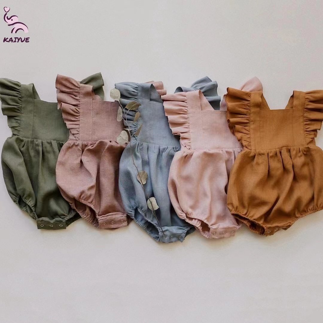 High Quality Cute Baby Clothing Linen Cotton Girl Romper Baby Girl Cotton Ruffle Sleeve Baby Romper