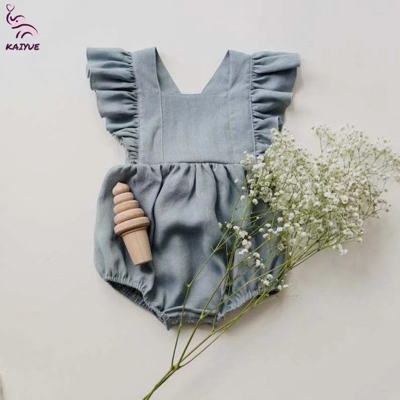 High Quality Cute Baby Clothing Linen Cotton Girl Romper Baby Girl Cotton Ruffle Sleeve Baby Romper