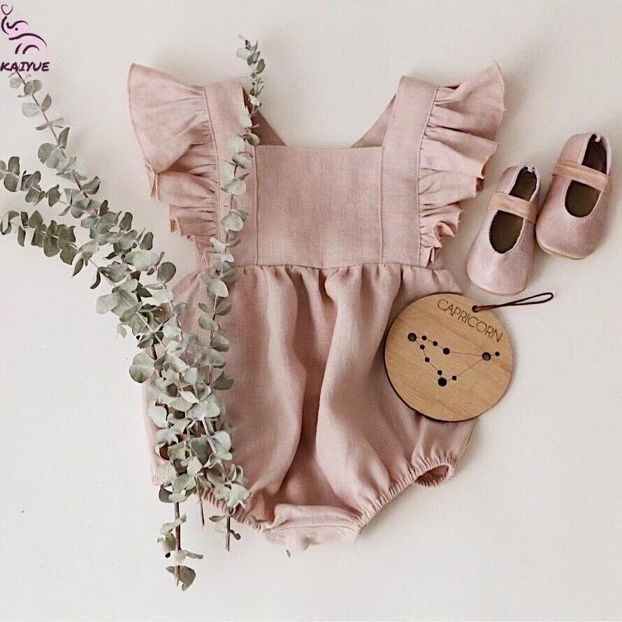 High Quality Cute Baby Clothing Linen Cotton Girl Romper Baby Girl Cotton Ruffle Sleeve Baby Romper