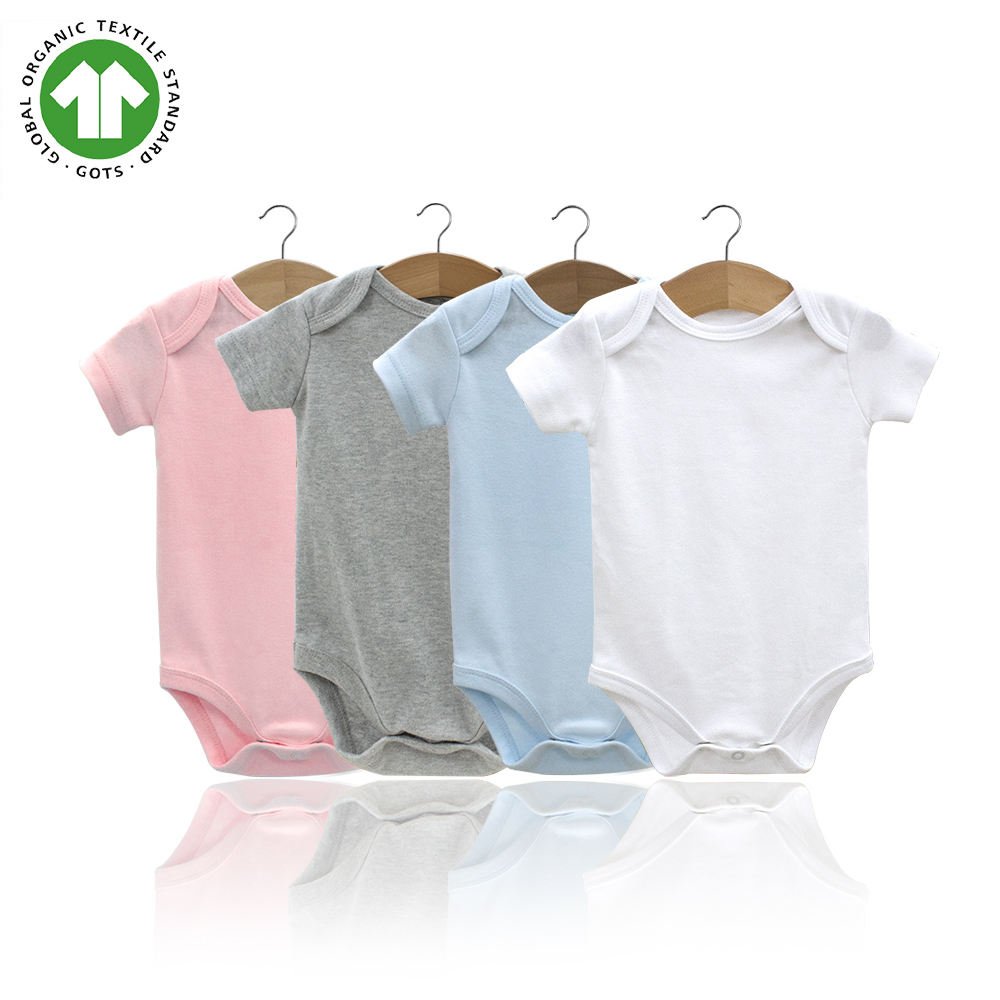 Custom wholesale GOTS Organic Cotton plain solid color Newborn baby knitted Romper onesie Baby kids short sleeve Bodysuits