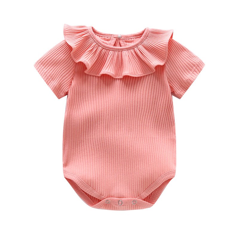 Lovely Newborn Baby Girl Romper Short Sleeve Summer Rib Cotton Jumpsuit with Ruffles