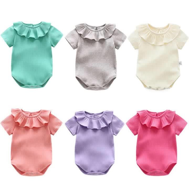 Lovely Newborn Baby Girl Romper Short Sleeve Summer Rib Cotton Jumpsuit with Ruffles