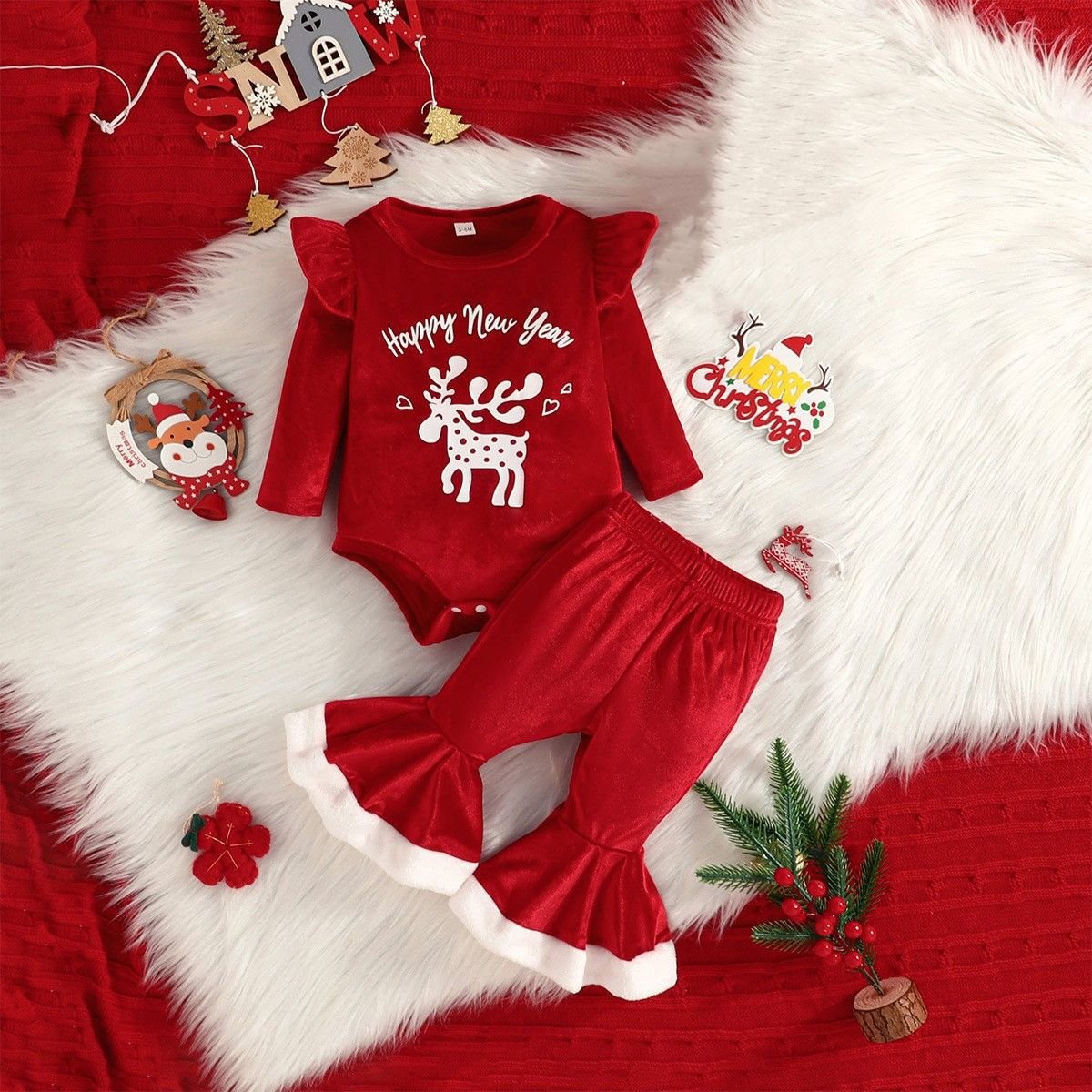 New Christmas flying sleeve Baby Rompers + fashion bell bottoms + cute Christmas hat Korean velvet three-piece set
