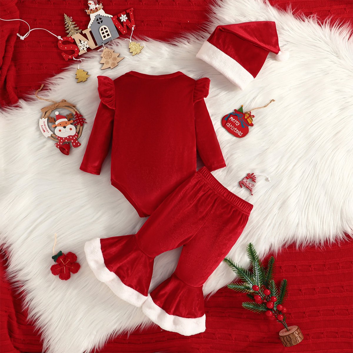 New Christmas flying sleeve Baby Rompers + fashion bell bottoms + cute Christmas hat Korean velvet three-piece set