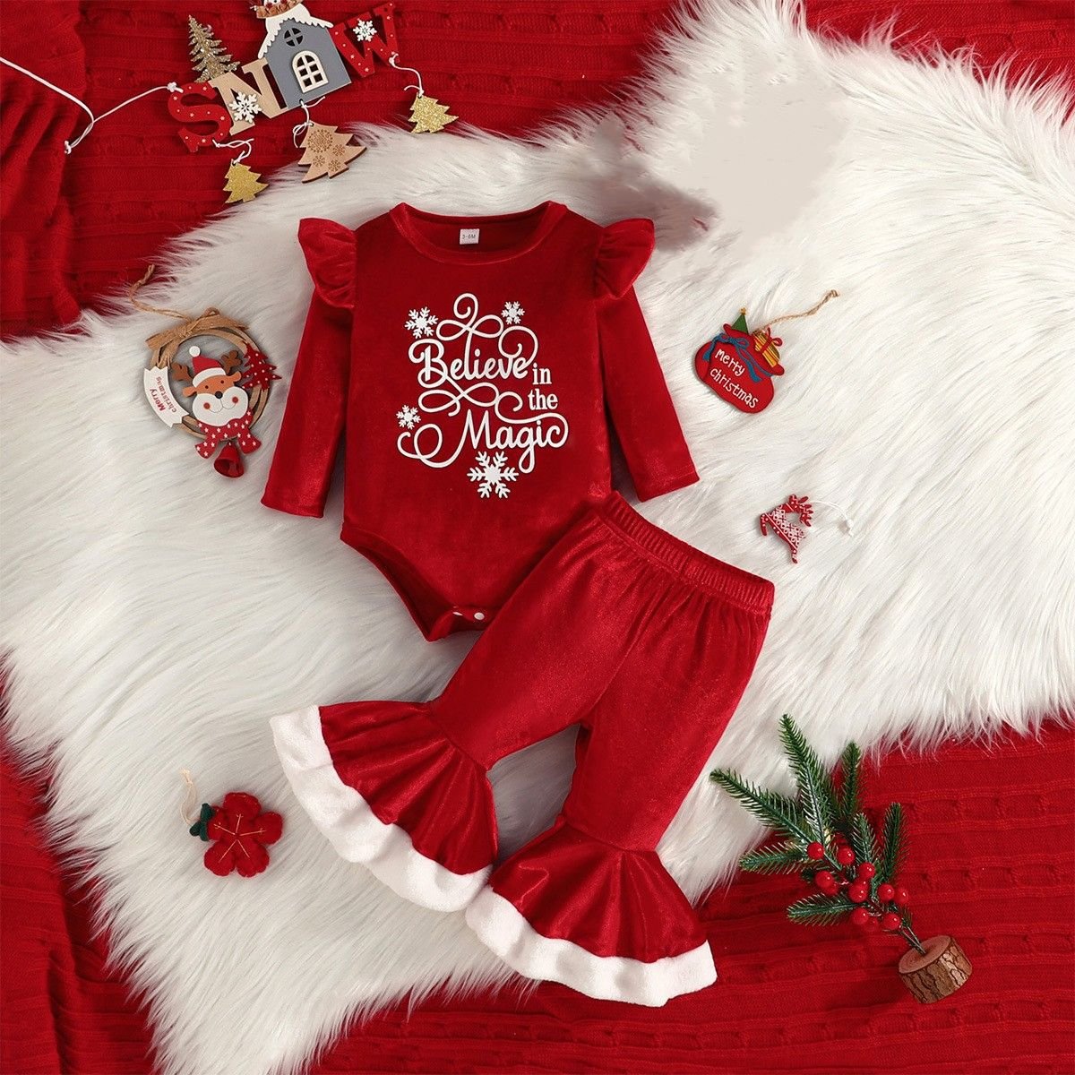 New Christmas flying sleeve Baby Rompers + fashion bell bottoms + cute Christmas hat Korean velvet three-piece set