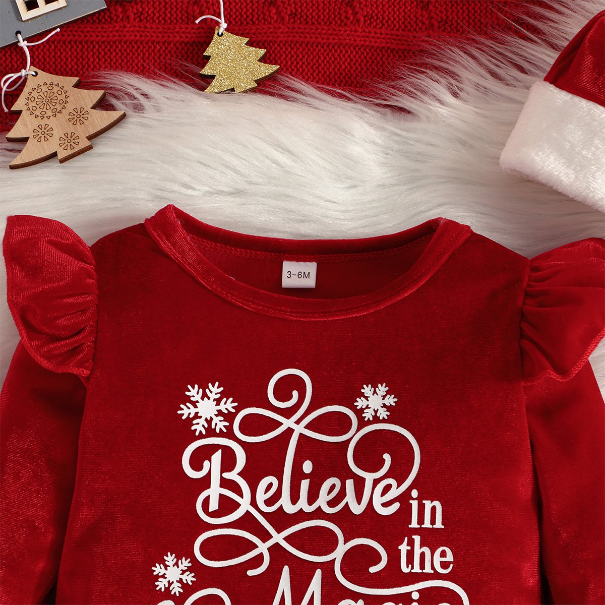 New Christmas flying sleeve Baby Rompers + fashion bell bottoms + cute Christmas hat Korean velvet three-piece set