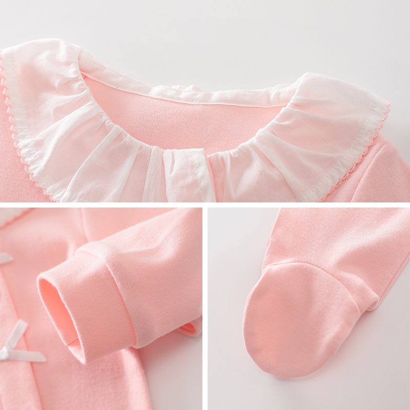 White pink cute lace round neck cotton newborn onesie long sleeve romper baby