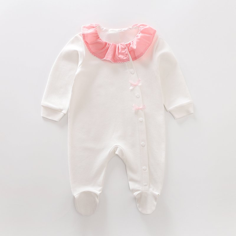 White pink cute lace round neck cotton newborn onesie long sleeve romper baby