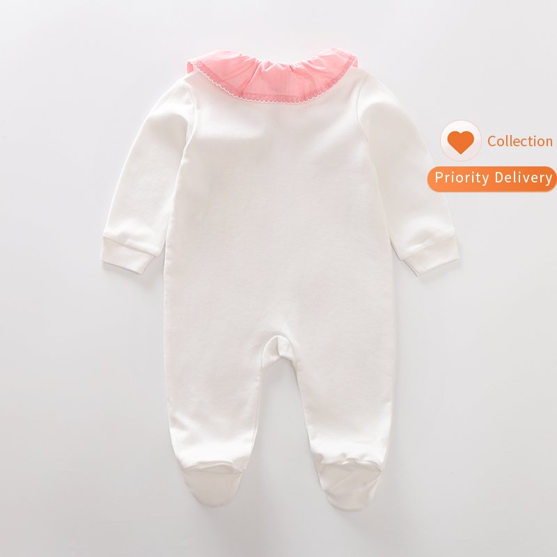 White pink cute lace round neck cotton newborn onesie long sleeve romper baby