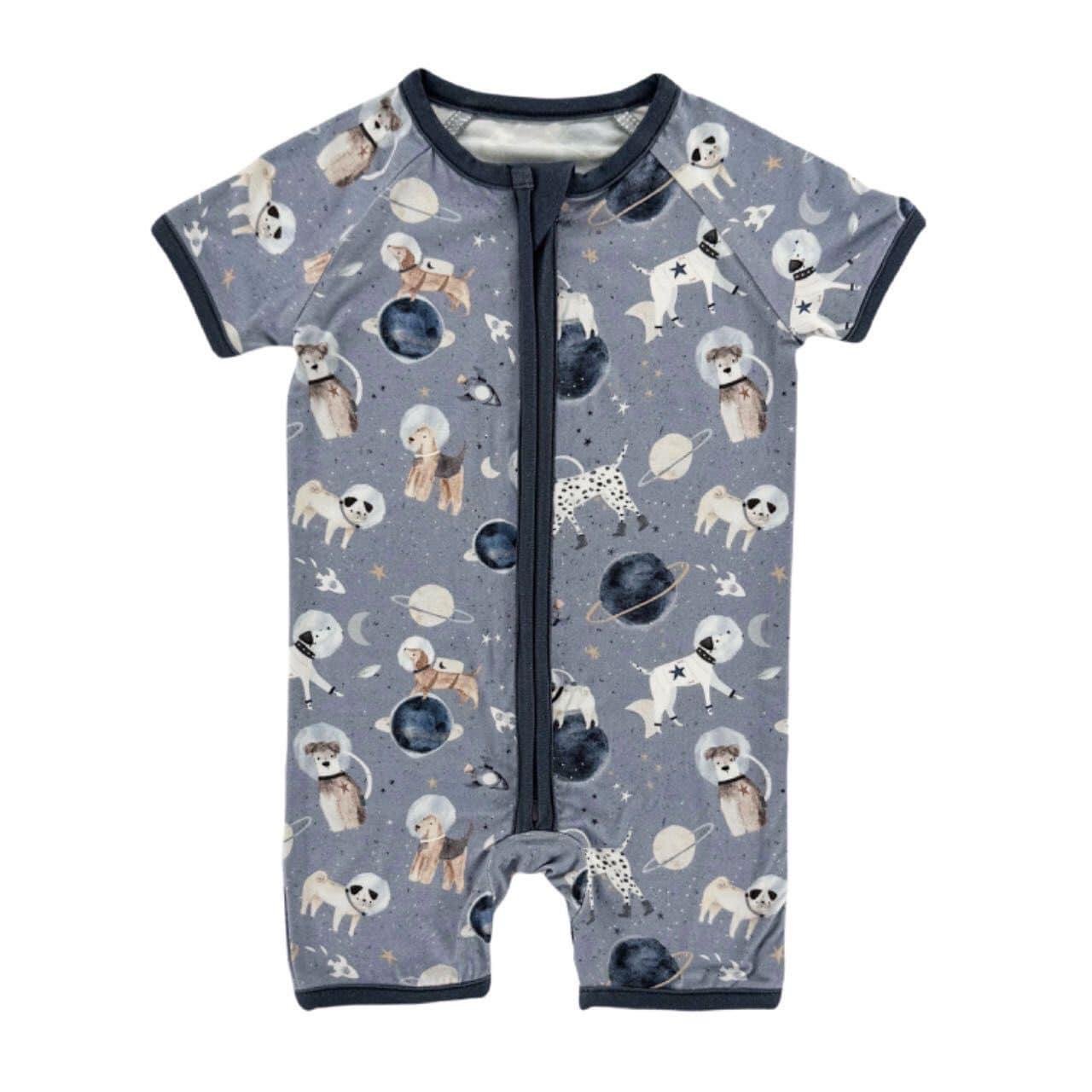 Zip up Boho Blue Dogs Pattern bamboo girl bodysuit Custom short sleeve Boutique Newborn&Infant baby romper