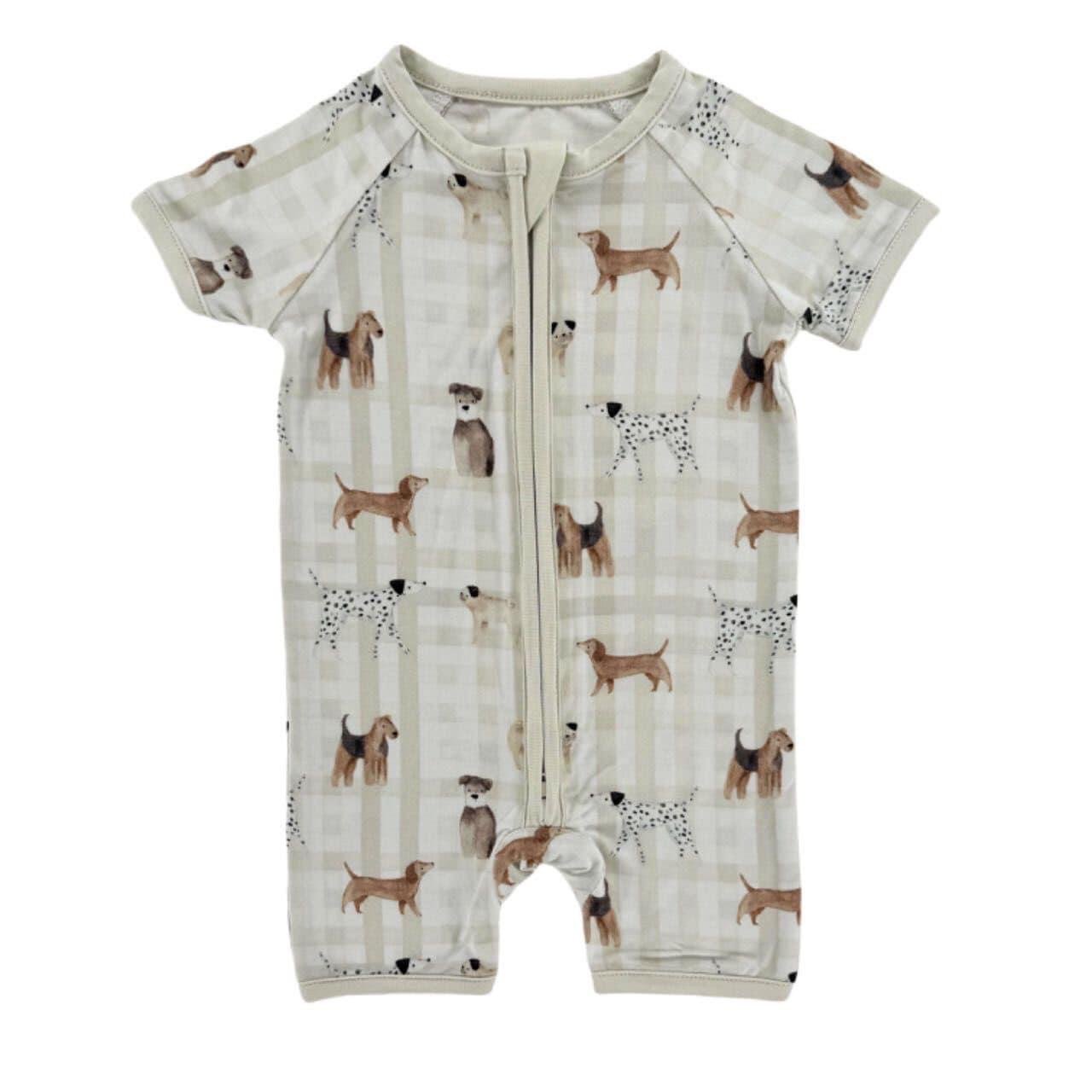 Zip up Boho Blue Dogs Pattern bamboo girl bodysuit Custom short sleeve Boutique Newborn&Infant baby romper