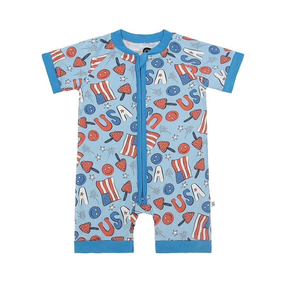 Zip up Boho Blue Dogs Pattern bamboo girl bodysuit Custom short sleeve Boutique Newborn&Infant baby romper