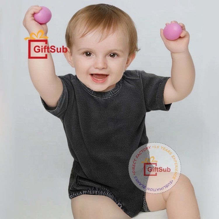 Custom DTF Screen Printing Toddlers Acid Washed Bubble Rompers 100% Cotton Infant Bodysuits Unisex Short Sleeves Baby Onesies