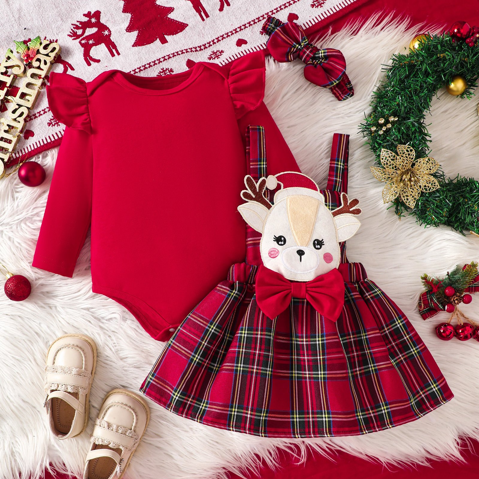 Cartoon Santa Claus Deer Christmas Romper Girls Long Fly Sleeve Plaid Printed Baby Boutique Clothing 3-18M Cute Baby Jumpsuit