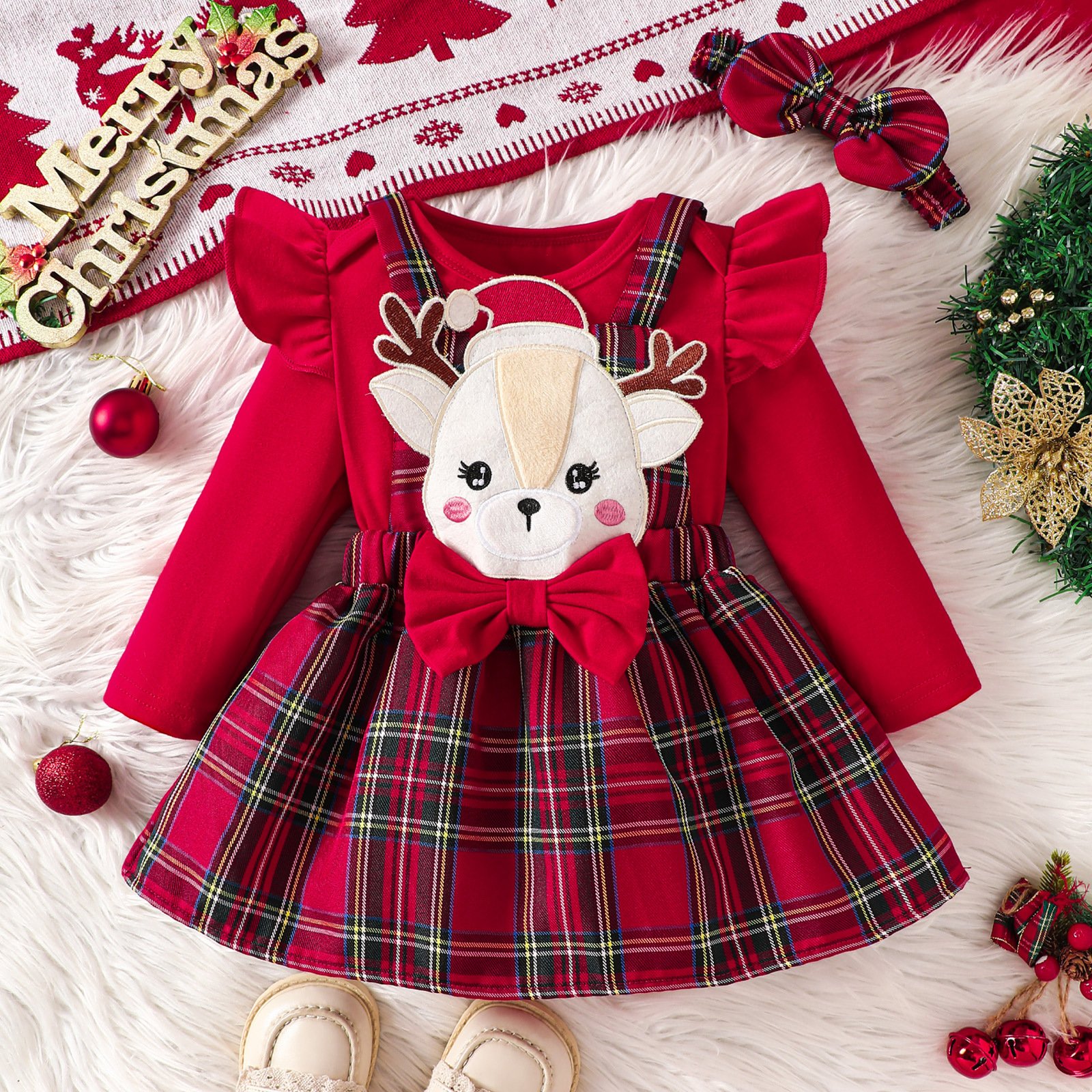 Cartoon Santa Claus Deer Christmas Romper Girls Long Fly Sleeve Plaid Printed Baby Boutique Clothing 3-18M Cute Baby Jumpsuit
