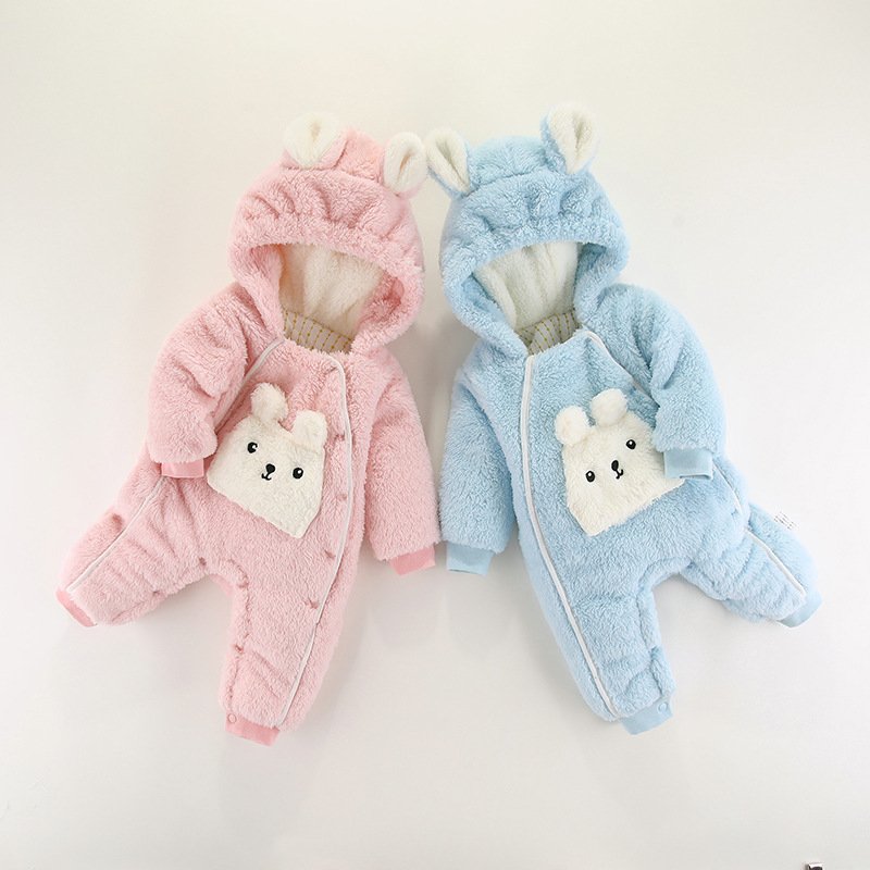 3-24m Simple Unisex Newborn Babies Clothes Hooded Button Baby Rompers Wholesale Cute Rabbit Baby Girls Winter Pajamas